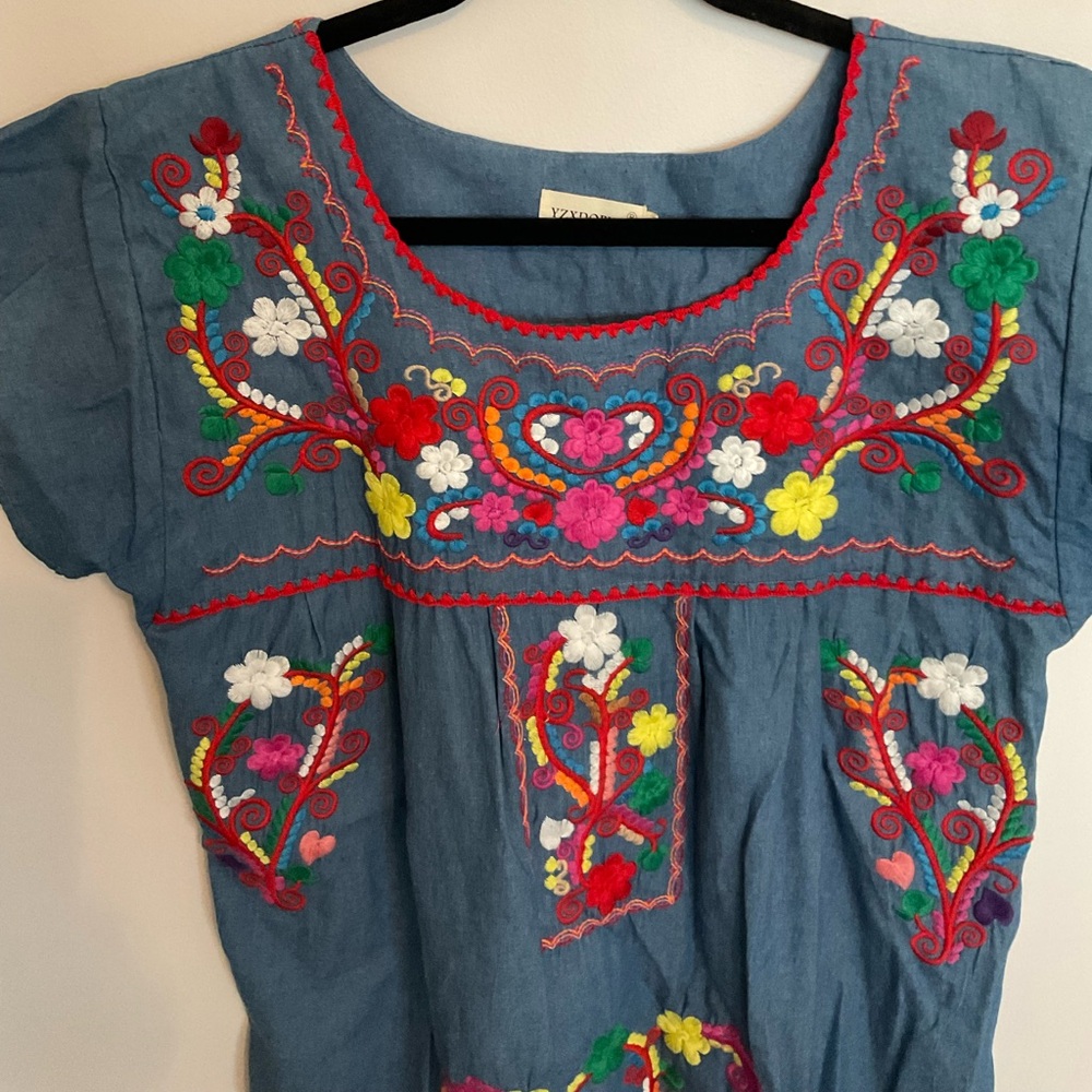 Colorful peasant style dress.